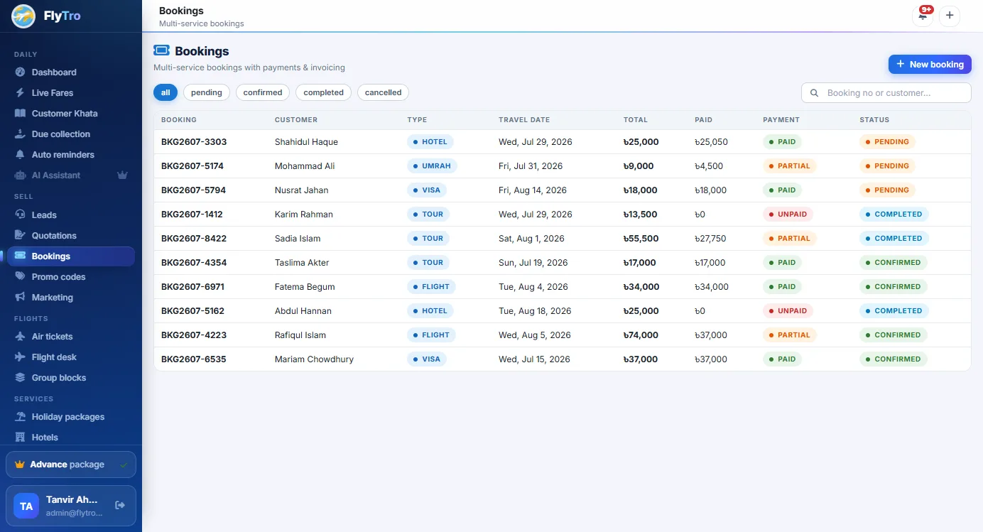 Flytro real app screenshot — Bookings and PNR