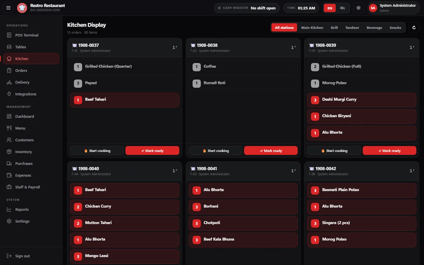 Restro restaurant POS screenshot — Kitchen Display