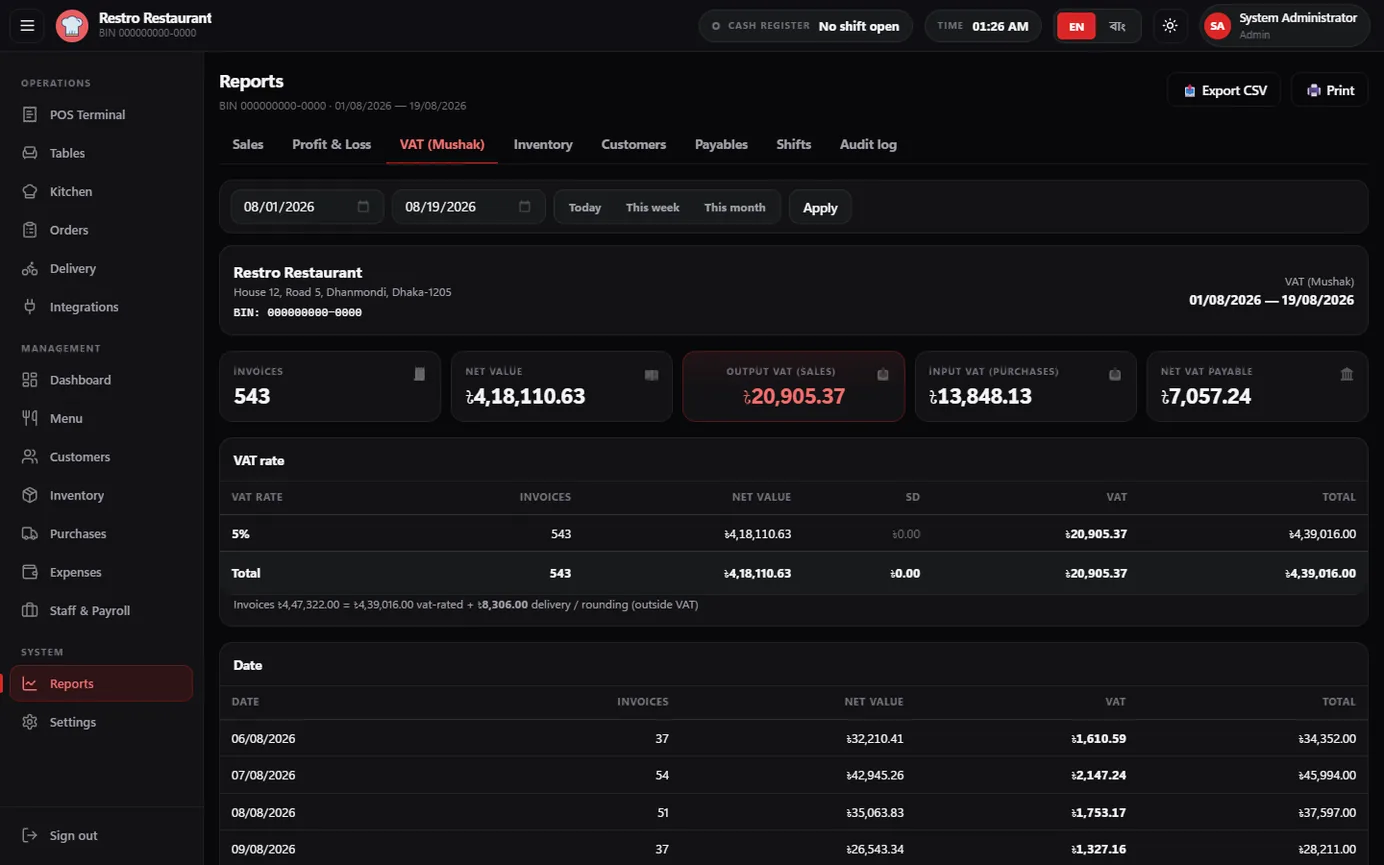 Restro restaurant POS screenshot — VAT & Mushak 6.3