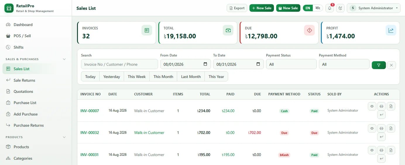 RetailPro shop management screenshot — Sales & Dues