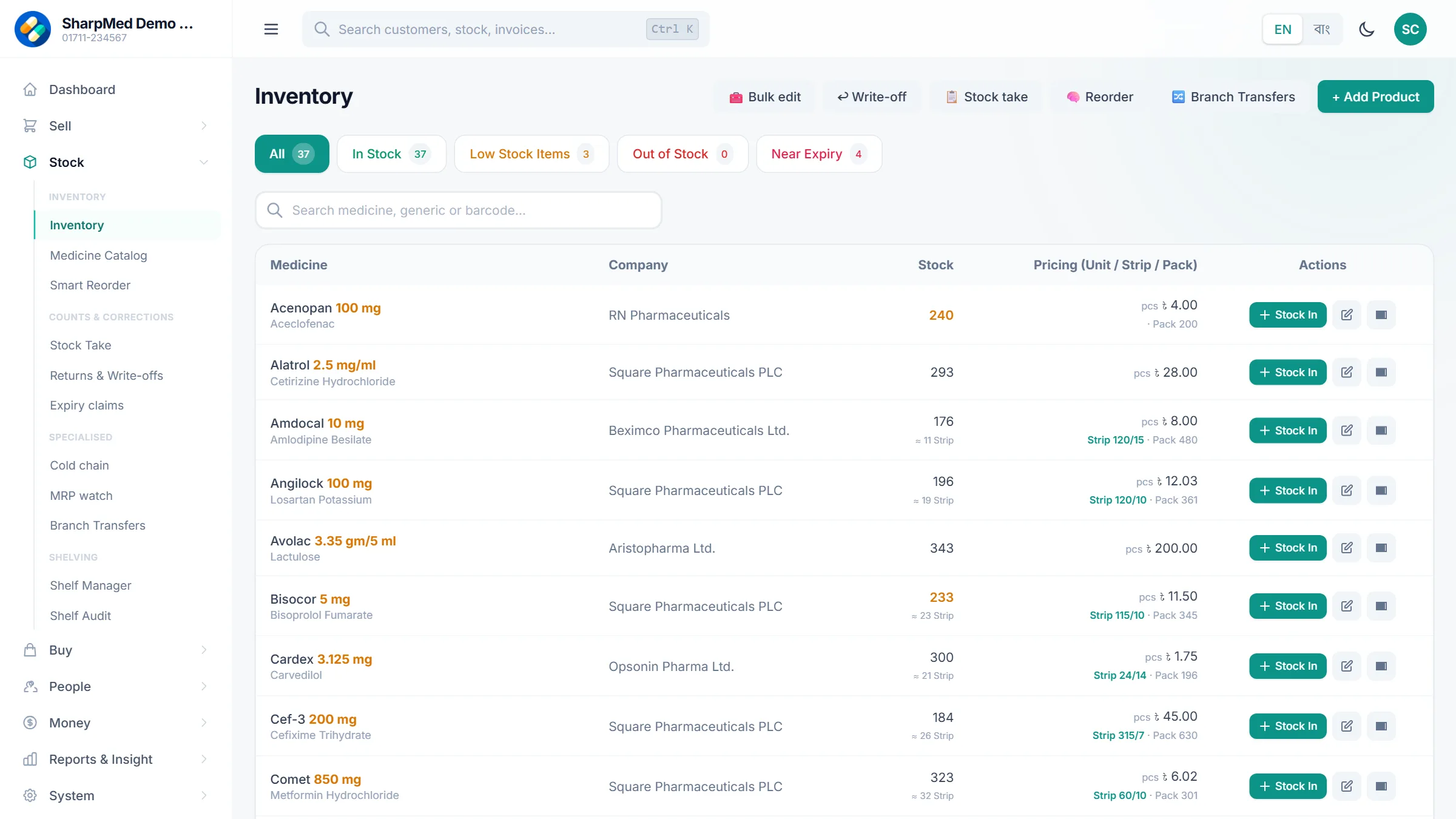 SharpMed pharmacy software screenshot — inventory with batch, expiry and low-stock filters